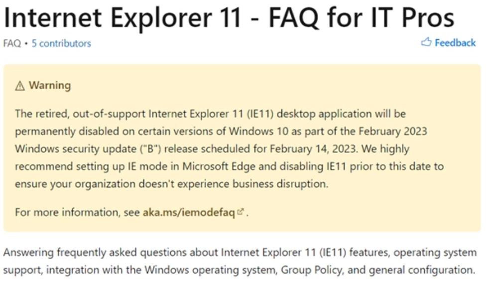 微软再次提醒：将在明年2月永久禁用IE 11